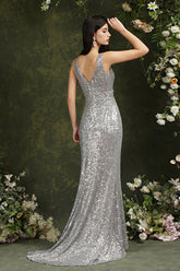 Silver Sequins Bridesmaid Dress V-Neck Sleeveless With Slit-27dress